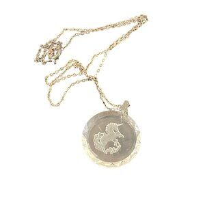 Vintage Crystal Unicorn Etched Glass Pendant Necklace With Fine Chain 18'' Sterl